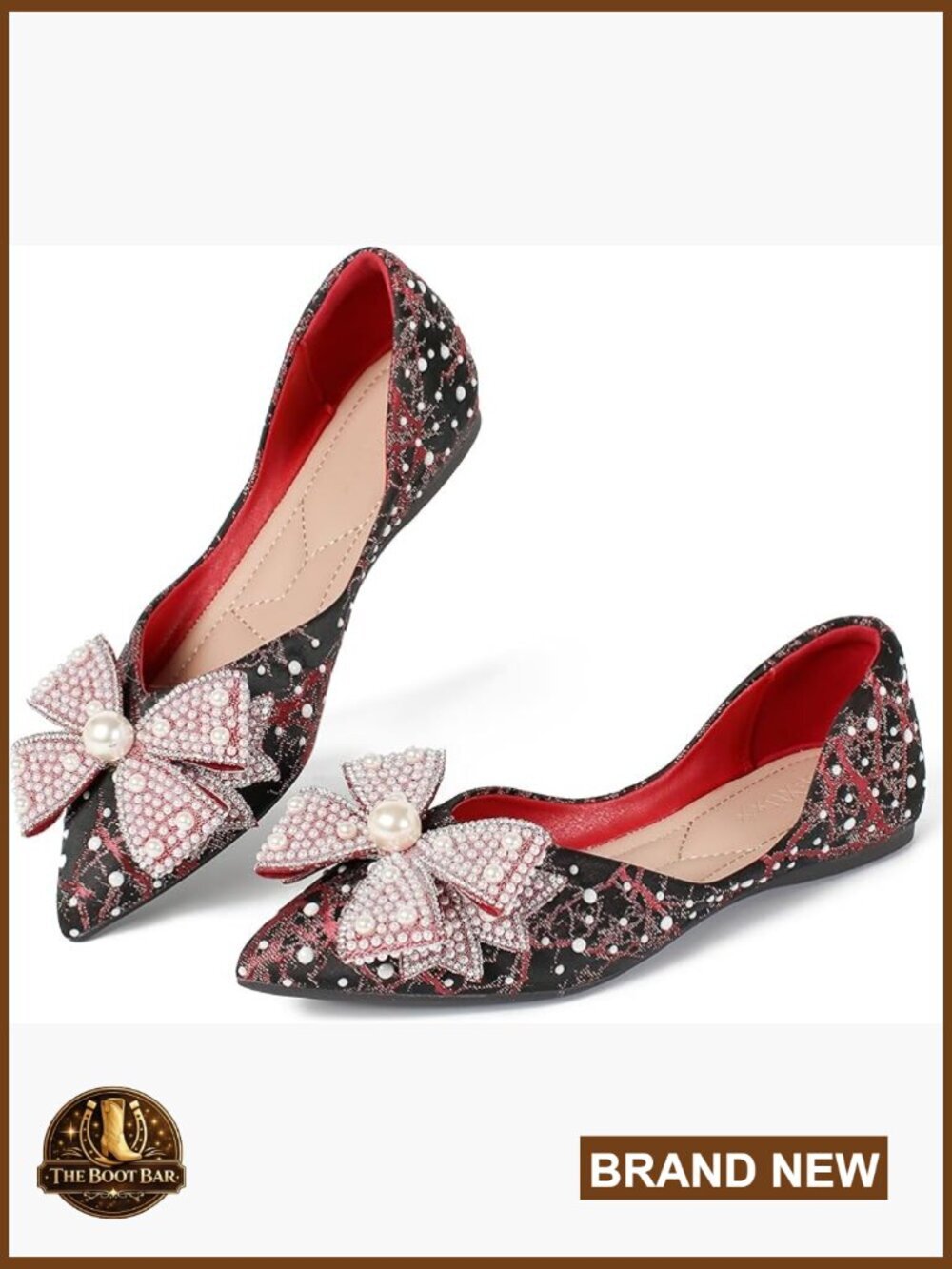 Women Pointed Toe Flat Shoes Pearl Bow Lightweight Dress Slip On